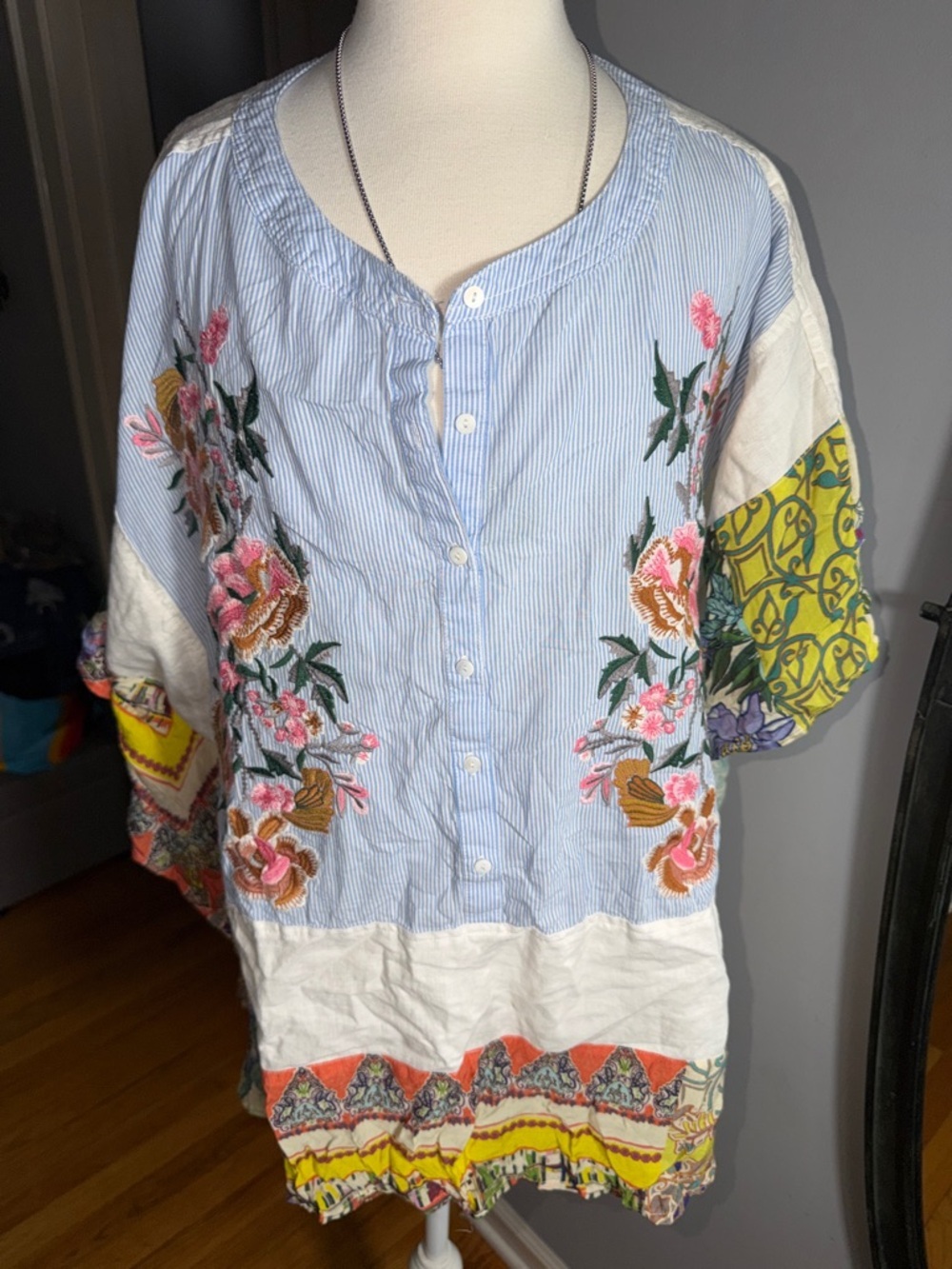 John Mark Multi-Color Embroidered Patchwork Top